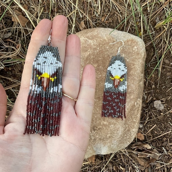 Eagle Beaded Earrings with Fringe, New, Handmade by Me - Picture 5 of 7